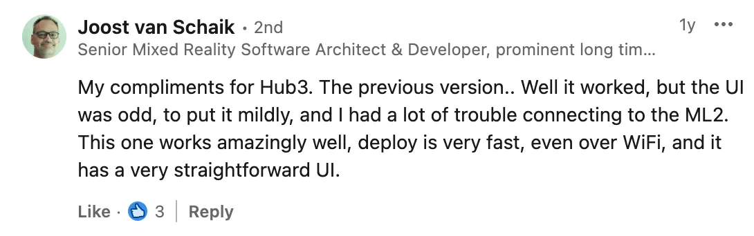 LinkedIn comment from Joost van Schaik praising Hub 3's redesigned UI and fast, reliable deployment