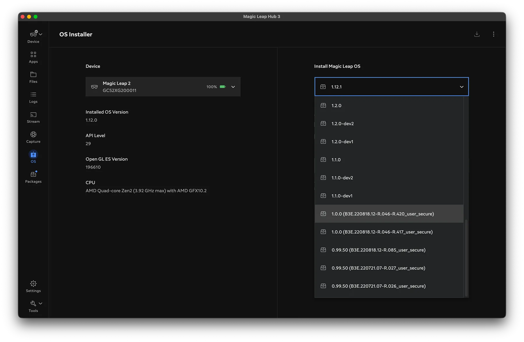 Hub 3 OS Installer, browsing available OS builds