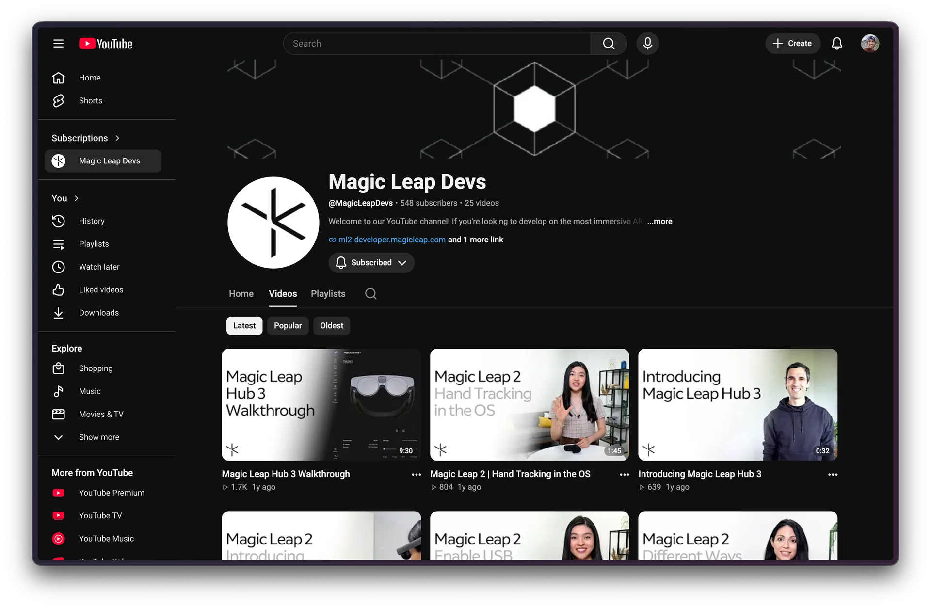 Magic Leap Devs YouTube channel featuring the Hub 3 Walkthrough video