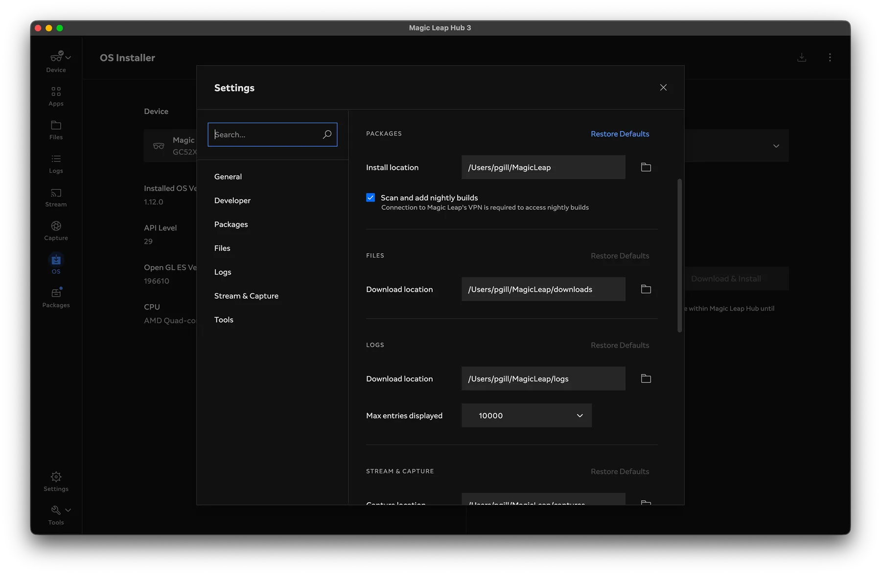 Settings — nightly build scanning enabled under Packages