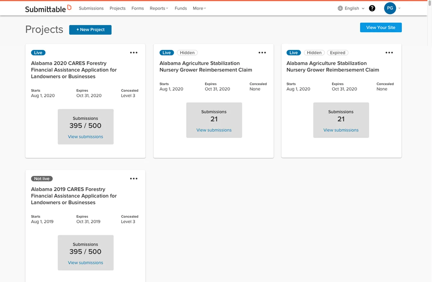 The shipped Projects View: a card-based dashboard showing status badges and submission counts at a glance