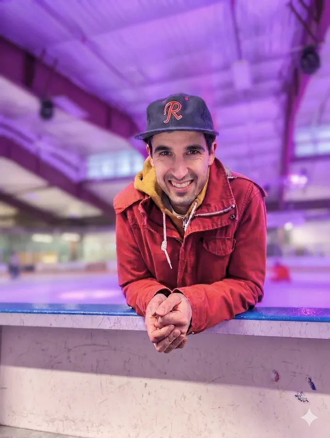 Patrick Gill leaning on the boards at an ice rink, smiling