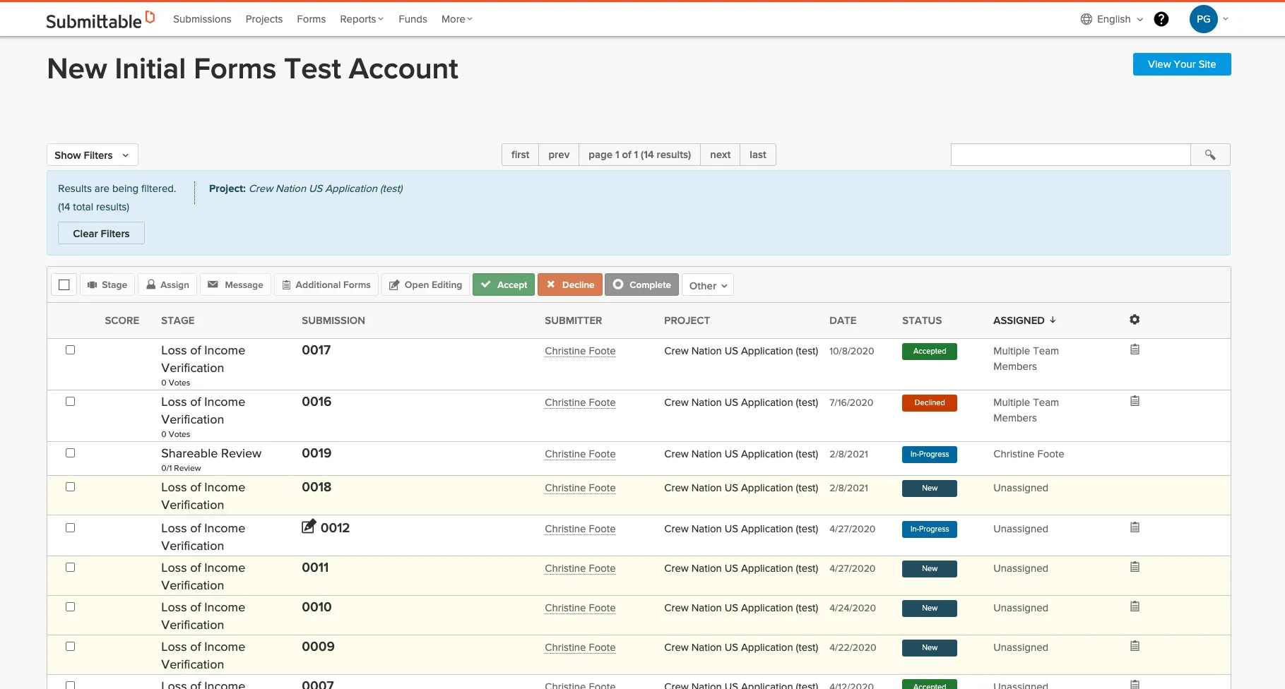 Submittable's submission list view